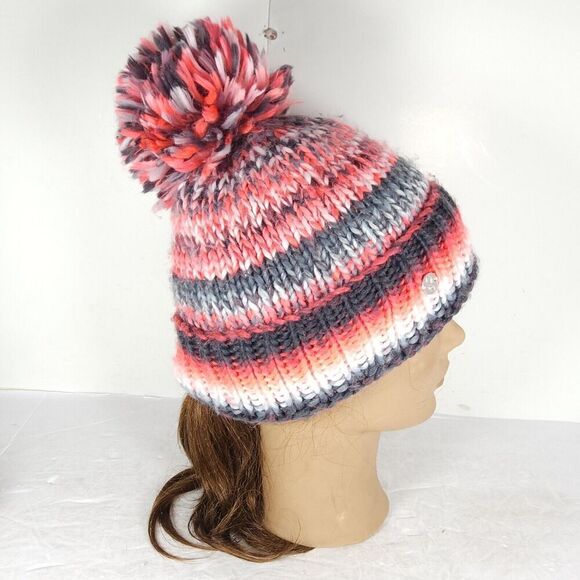 Spyder Women's Twisty Knit Fleece Pink Multi Lined Pom Pom Cuffed Beanie Hat - Picture 3 of 10